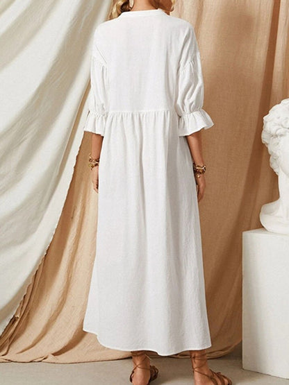 Robe longue en lin pour femme avec patte de boutonnage et manches bouffantes