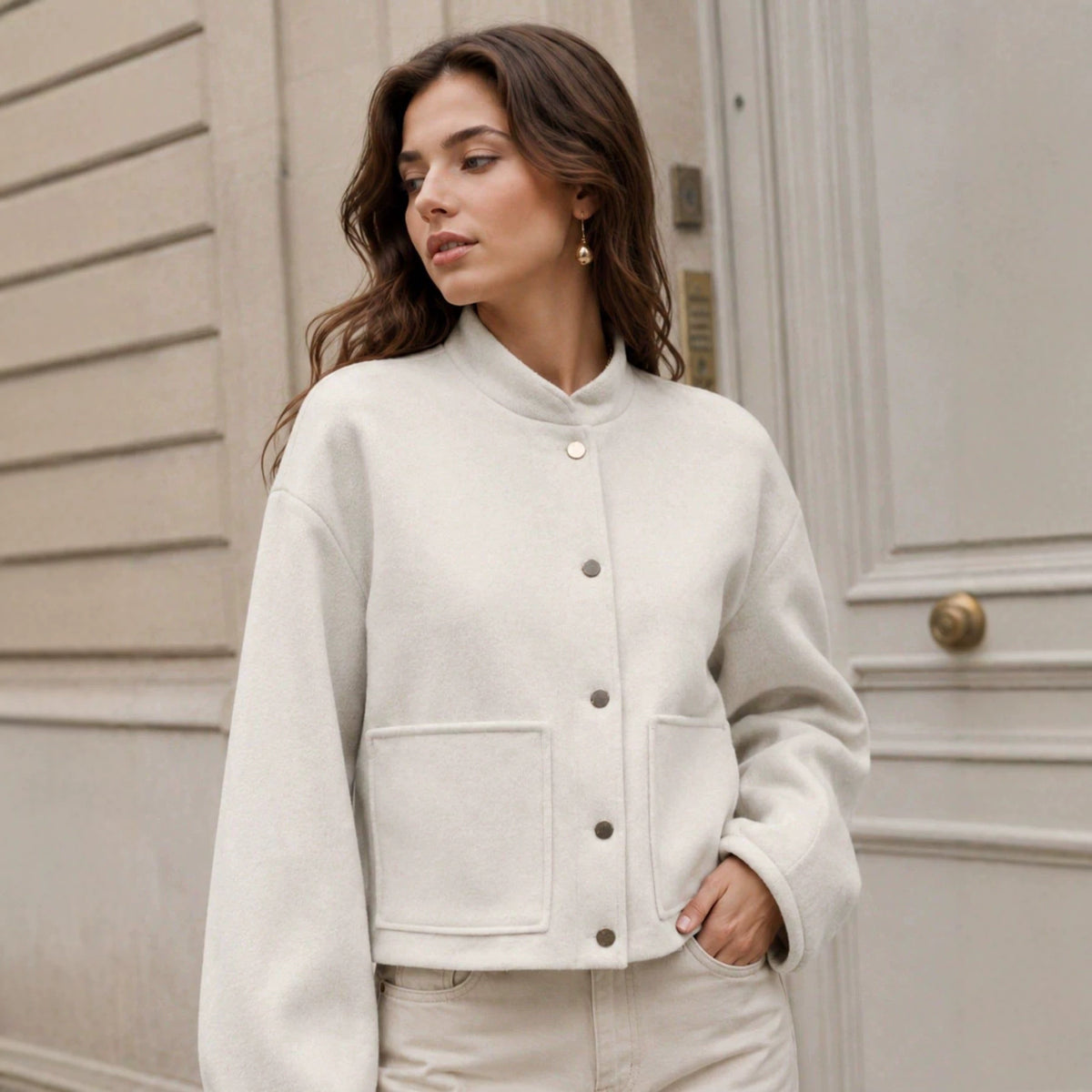 Loose women's shirt jacket with button fastening - Simple and casual
