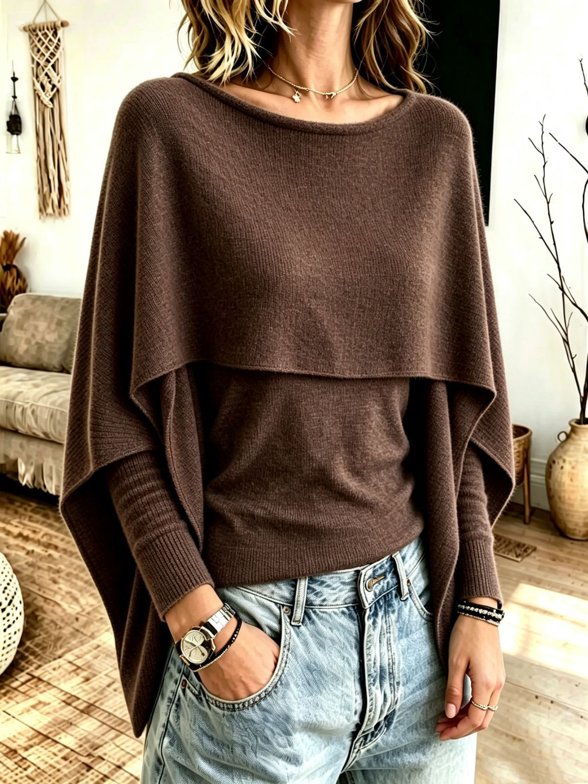 Maglione da donna in maglia effetto scialle a due pezzi – Uno stile chic, a strati e avvolgente