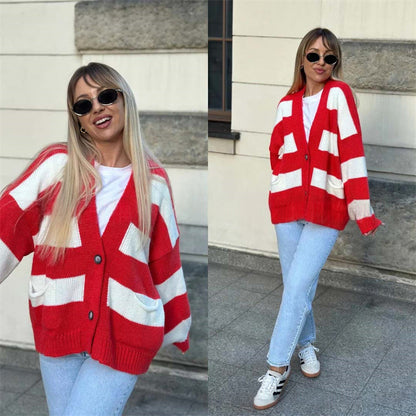 Women's striped cardigan - V-neck and long sleeves