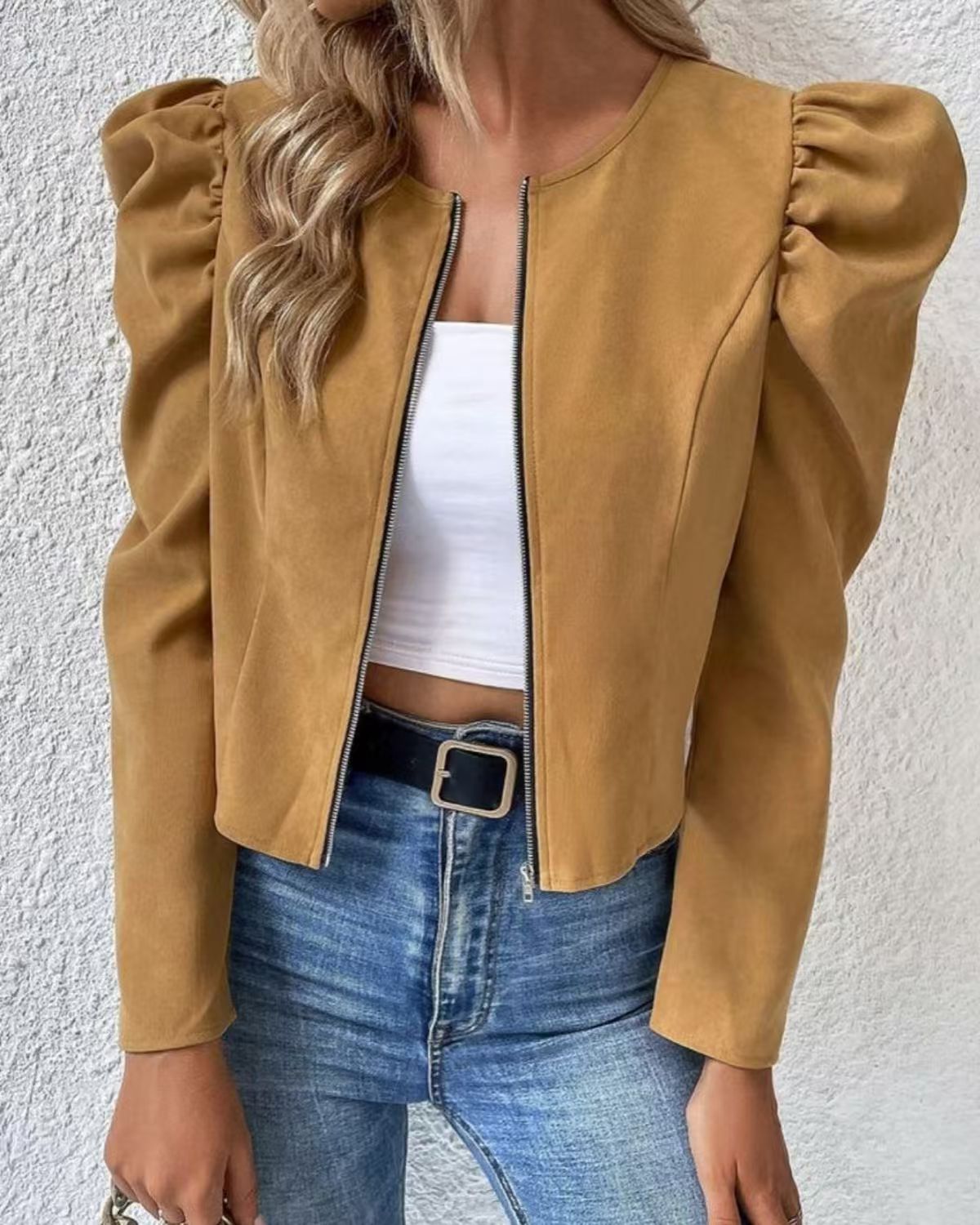 Cardigan da donna - Scollo rotondo, chiusura con cerniera e maniche a sbuffo