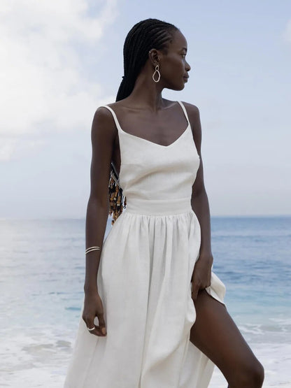 Robe d’Été Élégante en Lin Femme – Coupe Évasée Maxi Sans Manches Dos Nu