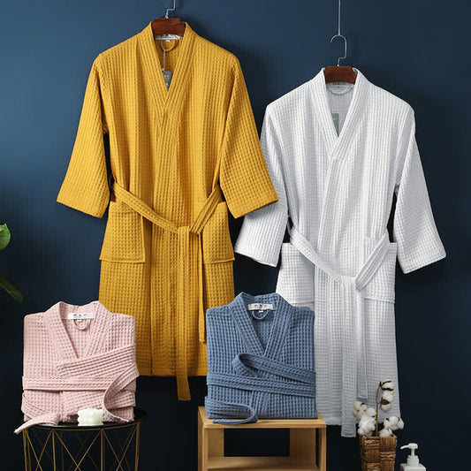 Peignoir unisexe en coton côtelé à col en V – Coupe ample, couleur unie, absorbant, respirant, confortable avec ceinture, idéal en toutes saisons