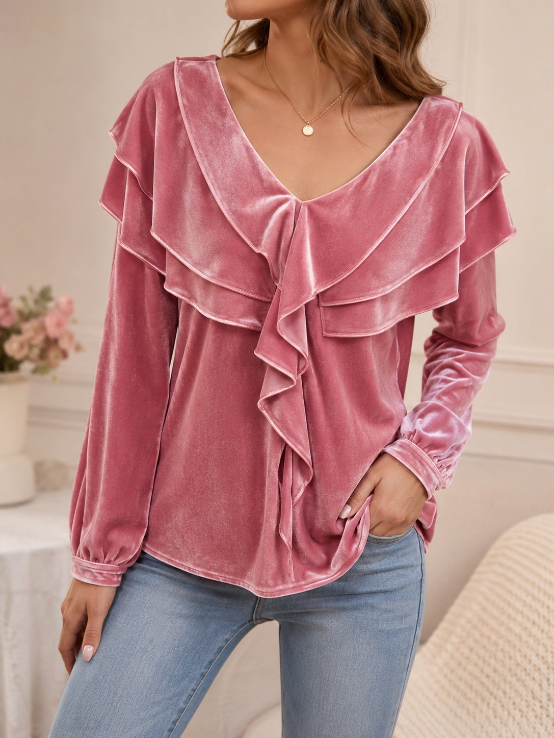 Women's Velvet Top with V-Neck and Ruffles – Elegant, Chic, Feminine Style
