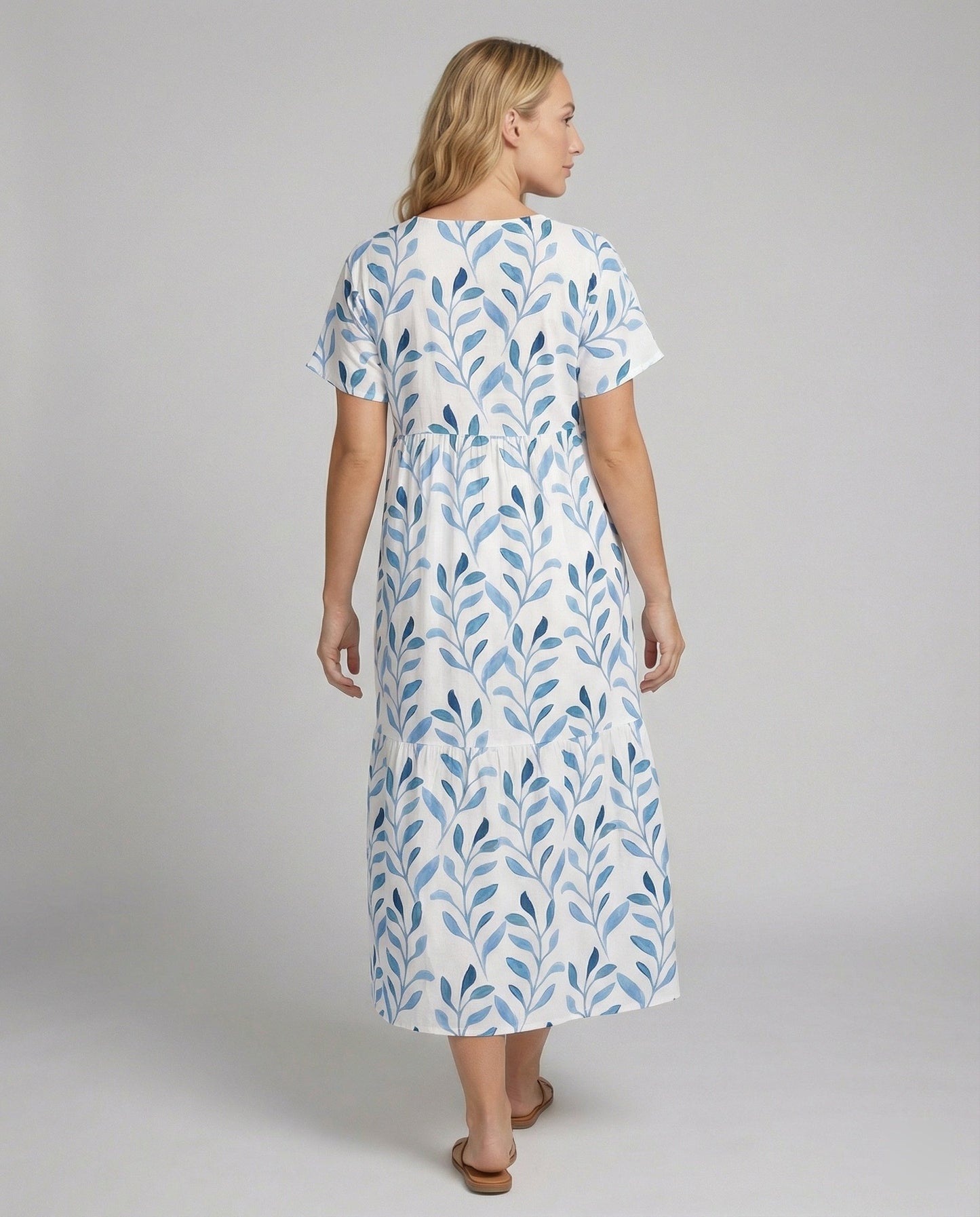 Robe d’Été Élégante Femme – Manches Courtes Aérées Imprimé Feuilles