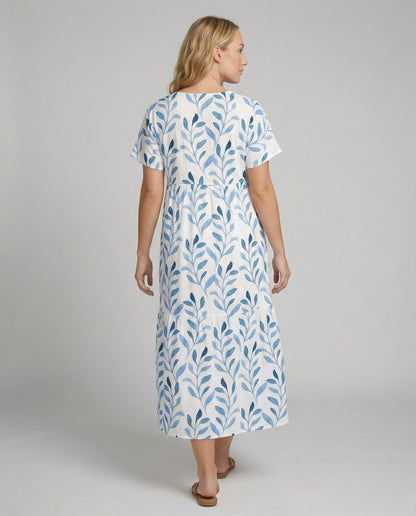 Robe d’Été Élégante Femme – Manches Courtes Aérées Imprimé Feuilles