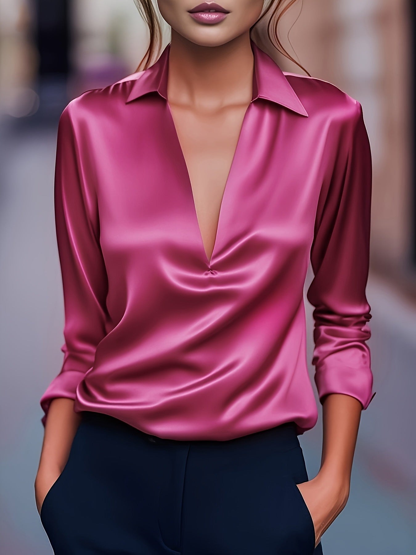 Blouse Femme Stylée Aspect Satin – Haut Décontracté Polyvalent à Col V