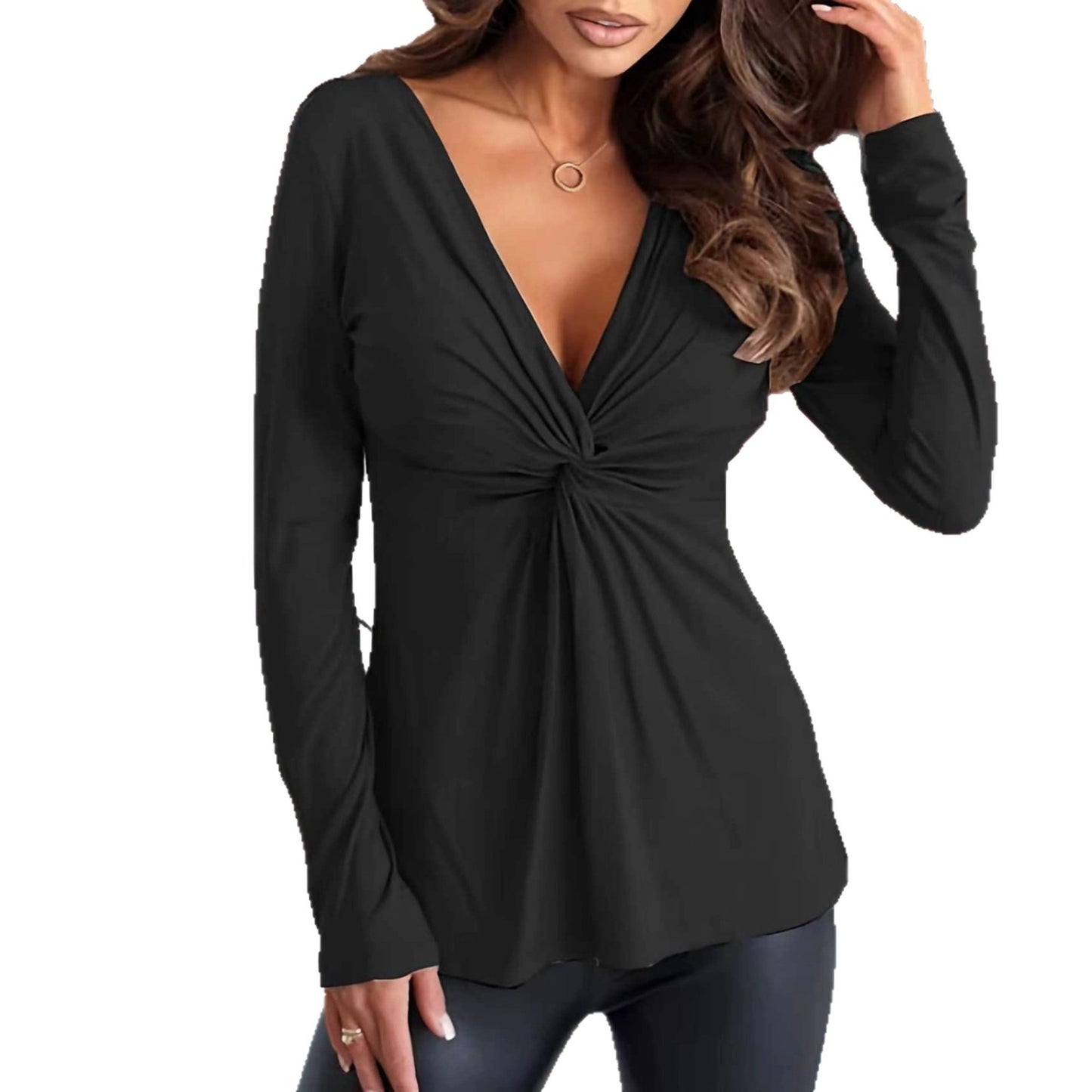 Solid-colored long-sleeved V-neck pleated top for women – Fluid and elegant