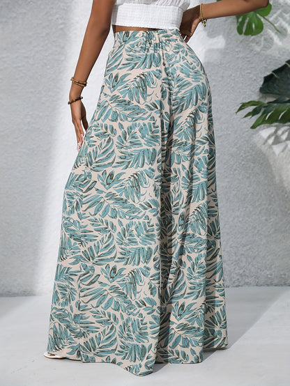 Pantalon large en coton imprimé floral bohème pour femmes - Taille haute, ceinture élastique, pantalon long de plage pour vacances d'été, style décontracté élégant