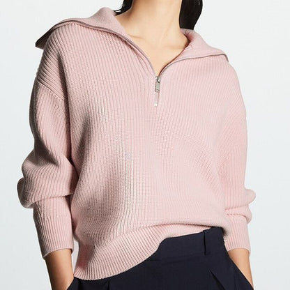Women's Striped Half-Zip Sweater – Long Sleeves, Casual and Comfortable Style for Fall and Winter
