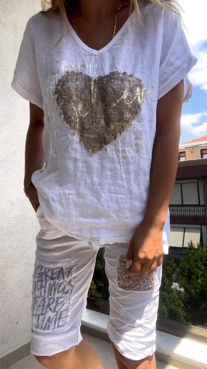 Ensemble Décontracté Deux Pièces à Décolleté en V avec Embossage Doré pour Femme