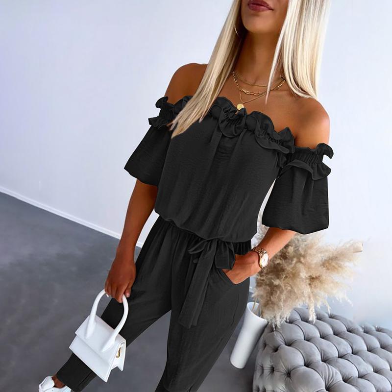 Combinaison femme épaules dénudées – Jumpsuit chic à volants avec taille nouée