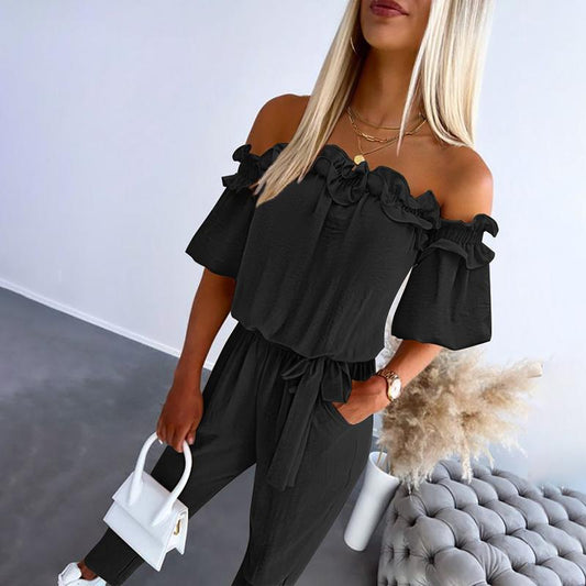Tuta donna spalle scoperte – Jumpsuit chic con volant e vita annodata