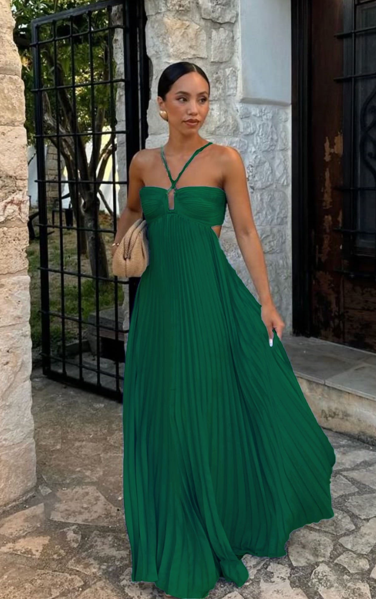 Vestido plisado sin mangas para mujer, de talle alto y espalda descubierta