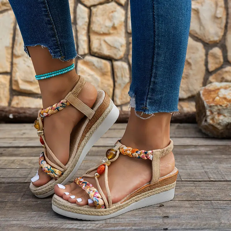 Sandales Femme à Talon Compensé Bohème – Chaussures d’Été Confortables à Petit Talon