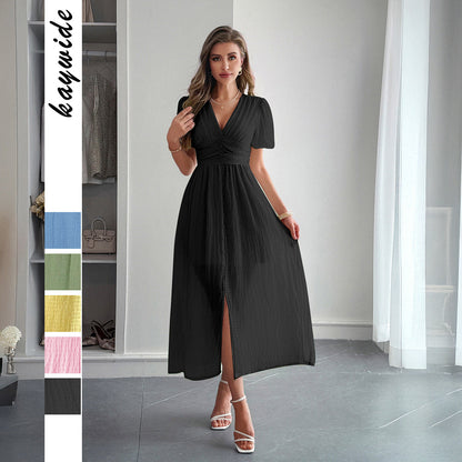Robe maxi élégante femme – Col V profond et détail plissé