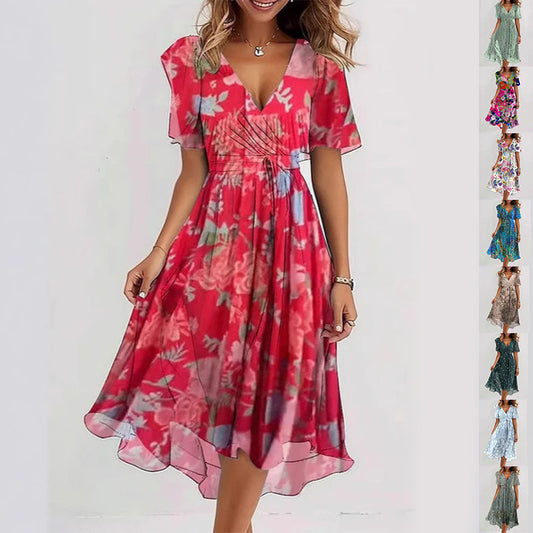 Midi Dress for Women Wrap-Style with Flowers – A-Line Style with Short Sleeves