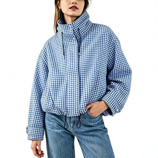 Veste femme à carreaux, col montant et fermeture zippée – Style décontracté chic et court
