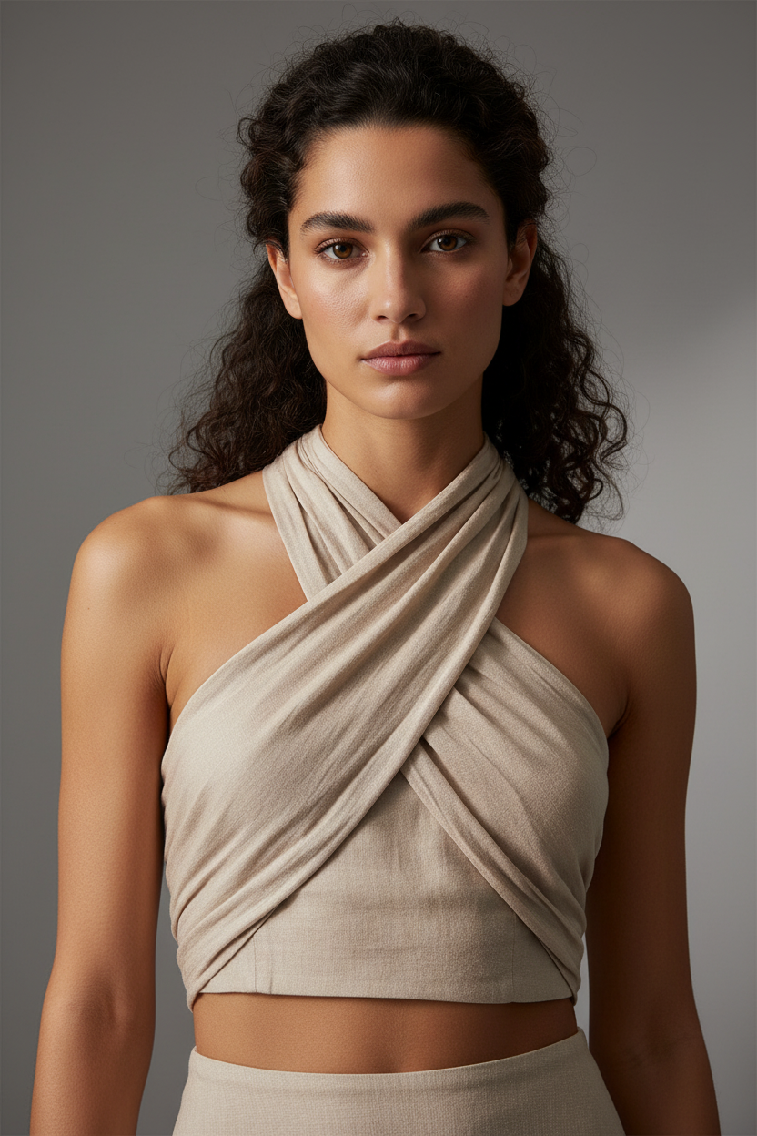 Top court halter femme avec detail croise - Ajuste et tendance