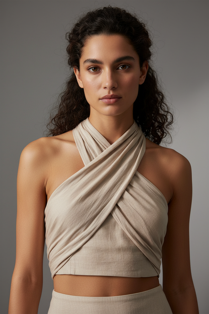 Top court halter femme avec detail croise - Ajuste et tendance