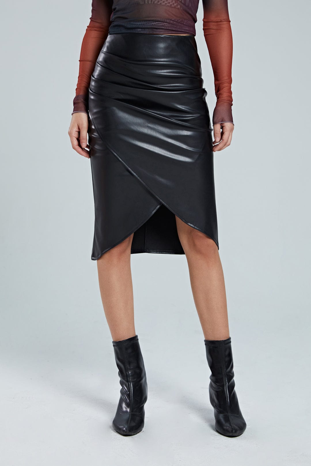 Jupe Midi en Faux Cuir pour Femme – Bodycon Élégant Asymétrique à Motif Tressé