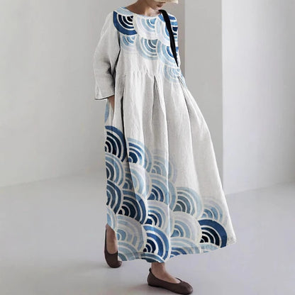 Robe Maxi Décontractée à Impression Numérique pour Femme – Col Rond Évasé avec Poches