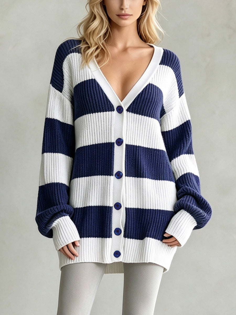 Cardigan-cappotto da donna a righe in maglia - Morbido e confortevole