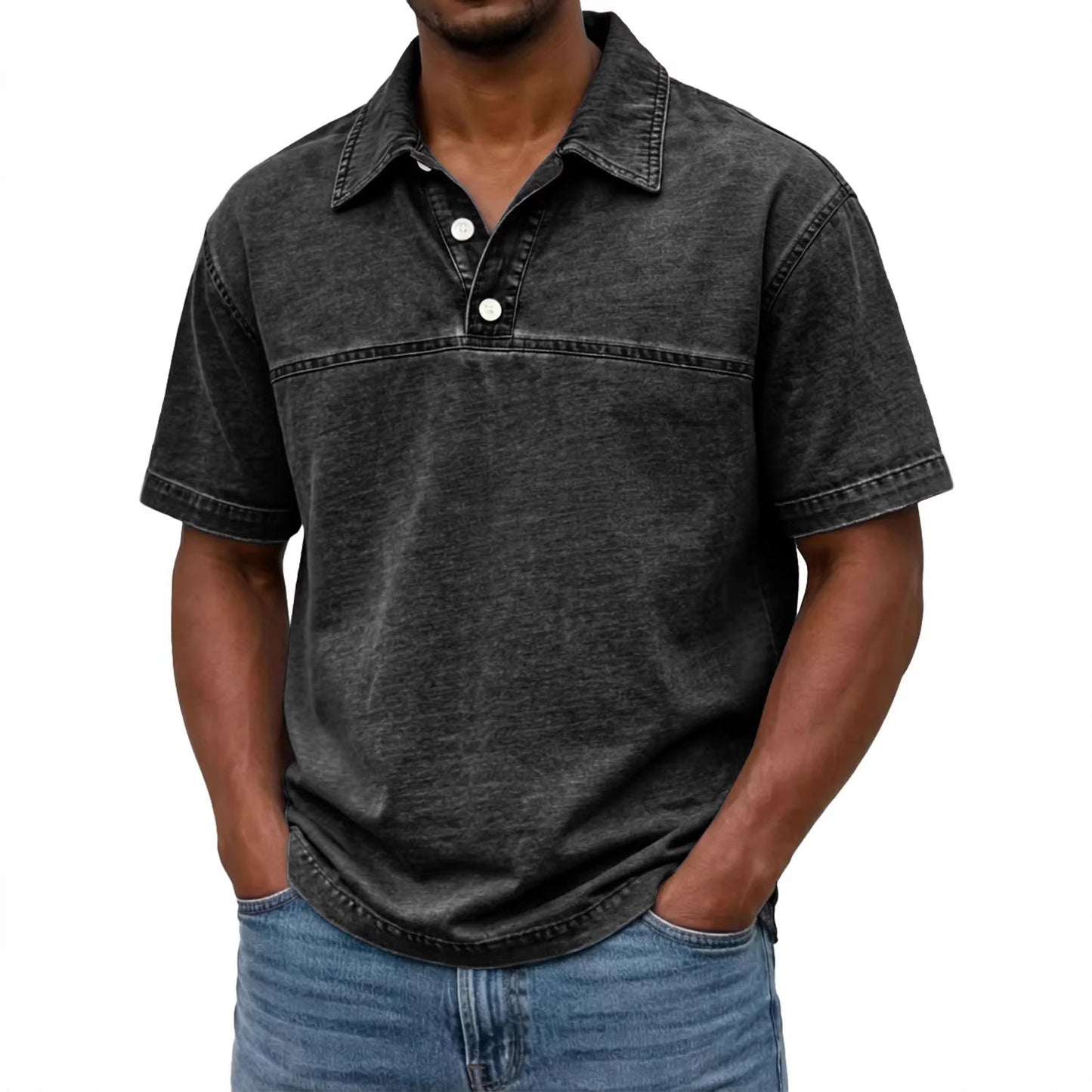 Polo pour hommes élégant couleur unie vintage – Haut à manches courtes