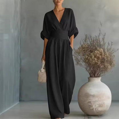 Women's V-neck jumpsuit with wide legs - Elegant and flowing