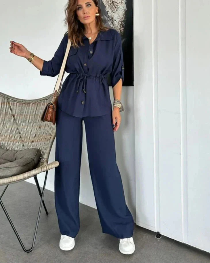 Ensemble deux pièces léger et élégant femme – Haut ajustable à nouer et pantalon large, confort au quotidien