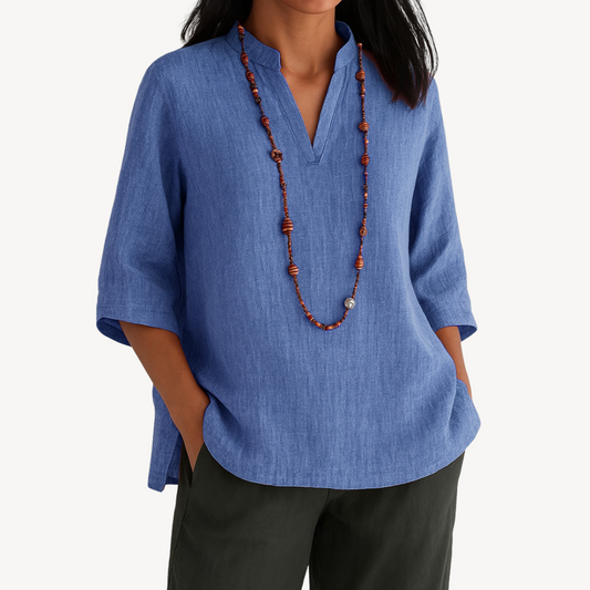 Chemise ample décontractée en coton et lin à col en V et manches trois-quarts pour femme