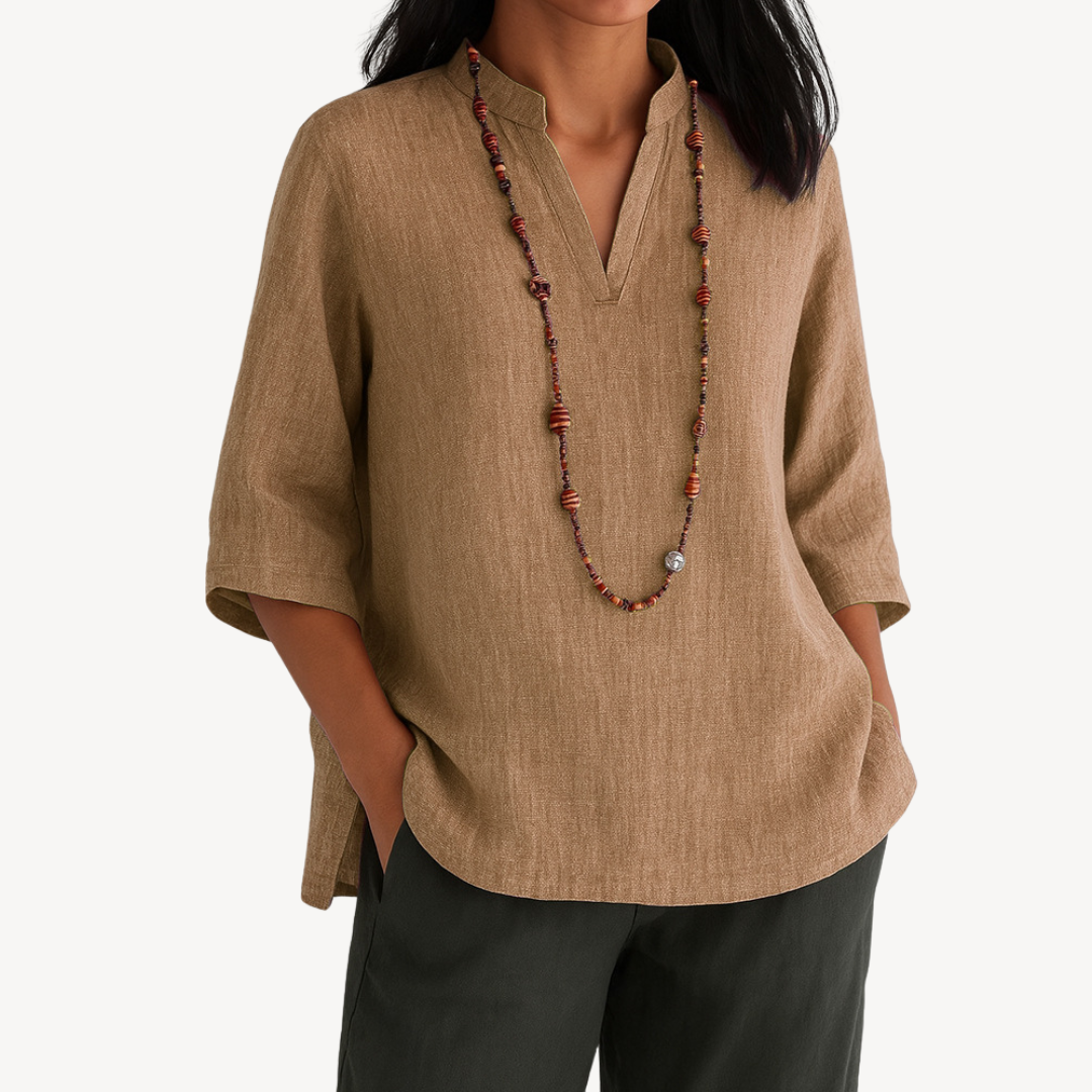 Chemise ample décontractée en coton et lin à col en V et manches trois-quarts pour femme