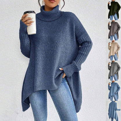 Pull Col Roulé Irrégulier pour Femmes – Pull Tricoté Ample à Manches Longues