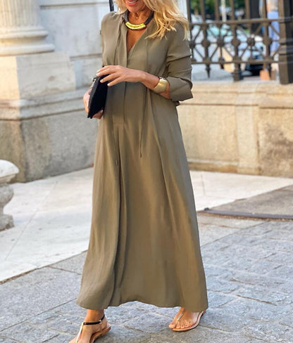 Robe Maxi Femme Coupe Décontractée à Col V – Style Élégant à Manches Longues