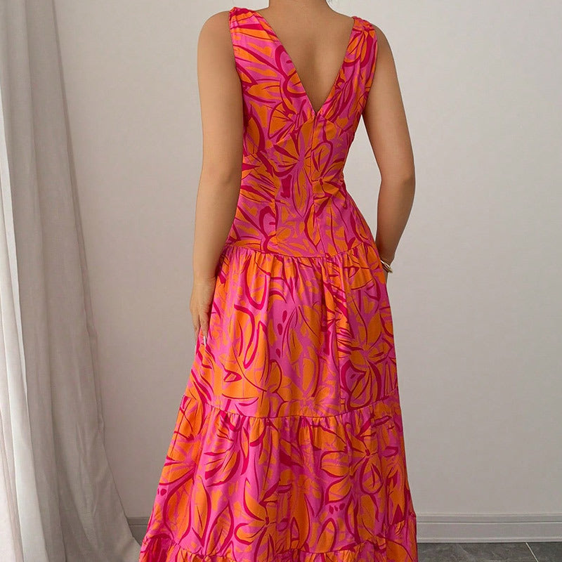 Robe longue d’été femme – Sans manches avec imprimé tropical