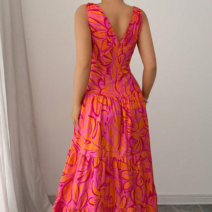 Robe longue d’été femme – Sans manches avec imprimé tropical
