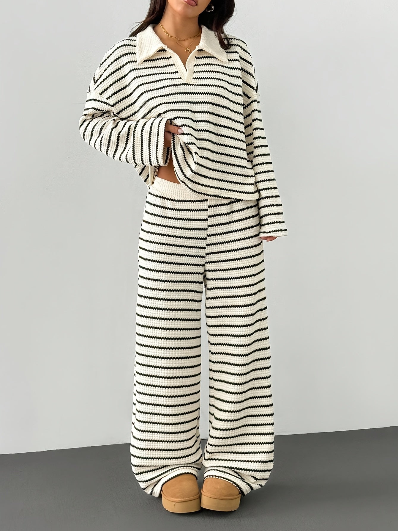Ensemble Loungewear Femme Deux Pièces Rayé – Style Décontracté Moderne