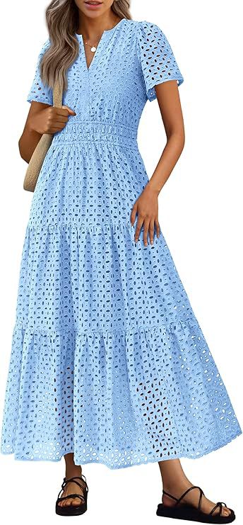 Robe Longue Fluide de Vacances à la Plage pour Femme – Style Col en V à Manches Courtes Eyelet