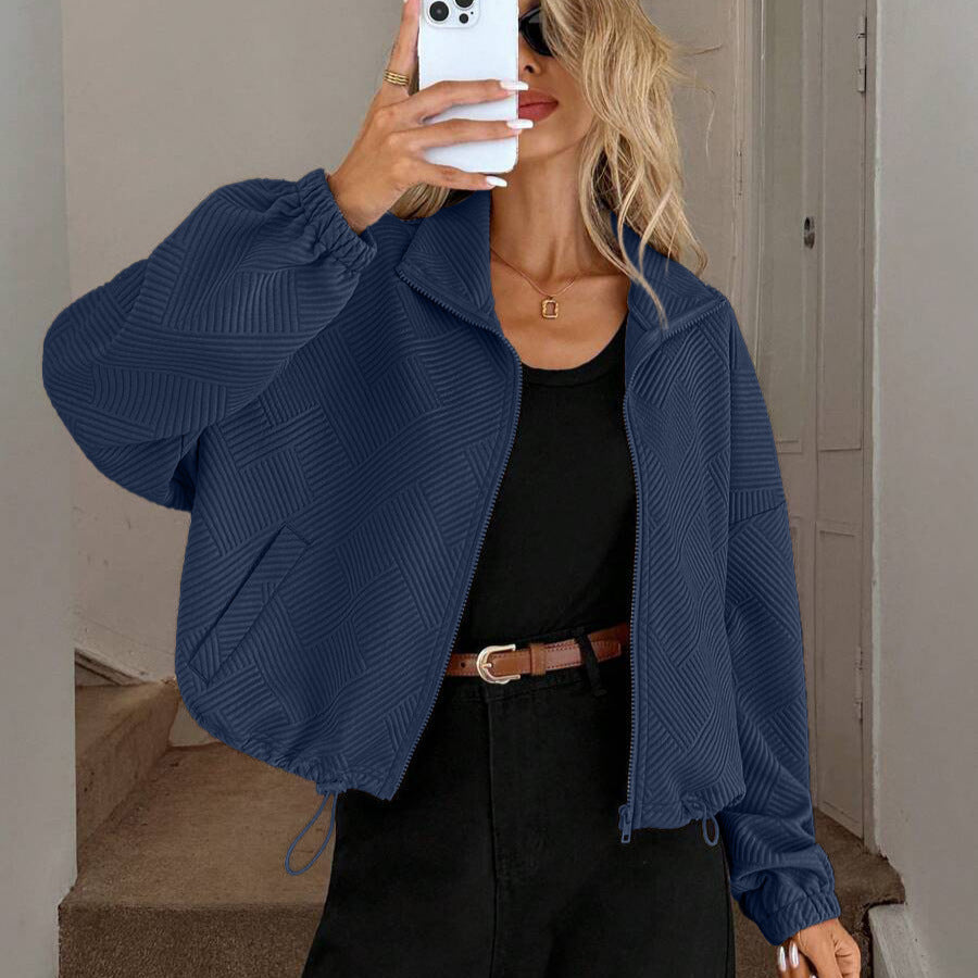 Women's stand-collar zip-up jacket – Loose fit, drawstring hem, casual fall-winter style
