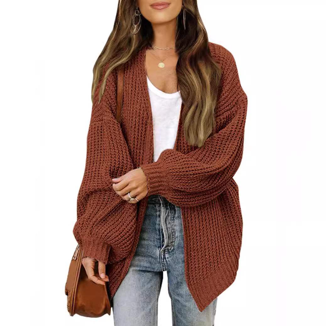 Cardigan-mantella da donna in maglia grossa – Stile oversize confortevole con maniche a lanterna