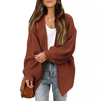 Cardigan-mantella da donna in maglia grossa – Stile oversize confortevole con maniche a lanterna