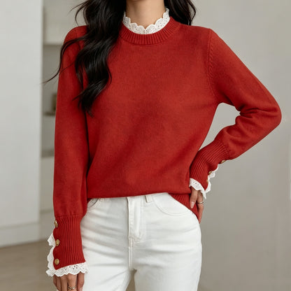Jersey de punto de encaje para mujer con cuello redondo - Elegante y cómodo