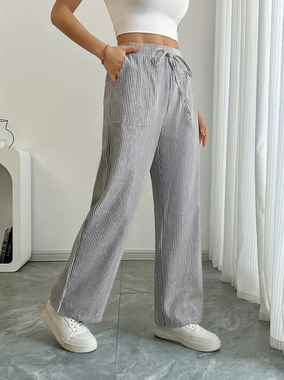 Pantalon large décontracté à rayures pour femme, élégant et décontracté – Pantalon d'été léger et respirant avec poches
