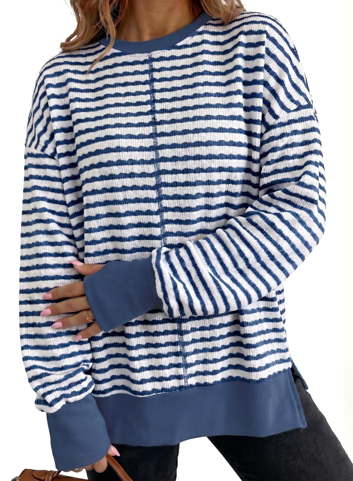 Striped women's sweater with side slits - Casual and soft