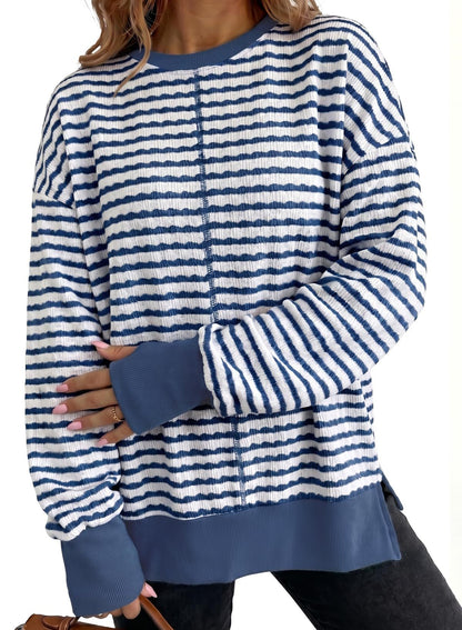 Striped women's sweater with side slits - Casual and soft