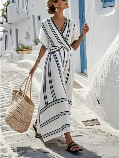 Robe d'été à rayures abstraites pour femme – Col en V, manches courtes, coupe trapèze évasée