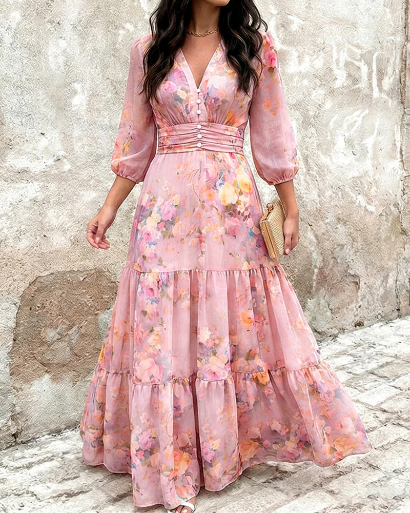 Vestido de mujer con volantes superpuestos y mangas tres cuartos - Elegante y favorecedor