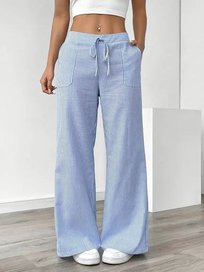 Pantalon large décontracté à rayures pour femme, élégant et décontracté – Pantalon d'été léger et respirant avec poches