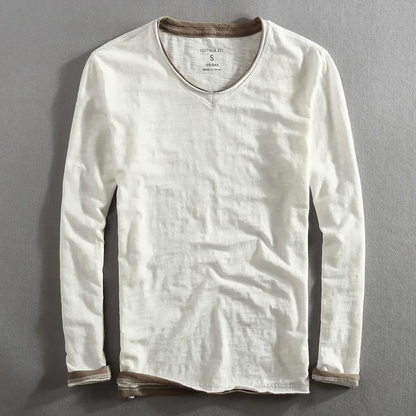 T-shirt Homme Décontracté en Coton Col V Manches Longues – Tee-Shirt Basique Confortable