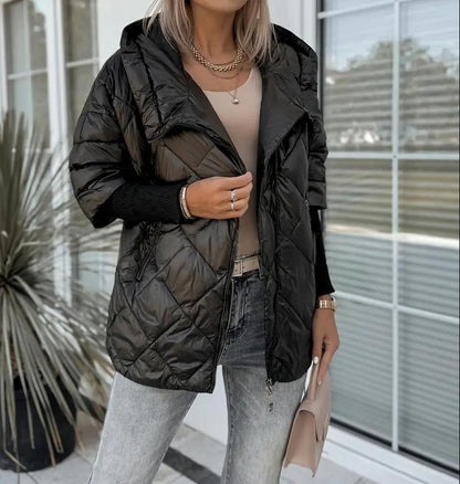 Women’s Hooded Puffer Jacket with Zip Closure – Chic and Warm Patchwork Style for Winter